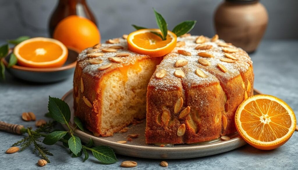 Generate an image of a beautifully decorated Orange Almond Cake with a Mediterranean twist. Generate an image of a beautifully decorated Orange Almond Cake with a Mediterranean twist.