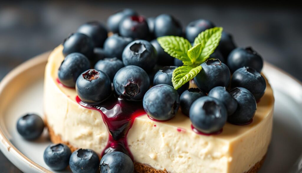 Generate an image of a blueberry protein cheesecake with a creamy texture and a topping of fresh blueberries. Generate an image of a blueberry protein cheesecake with a creamy texture and a topping of fresh blueberries.