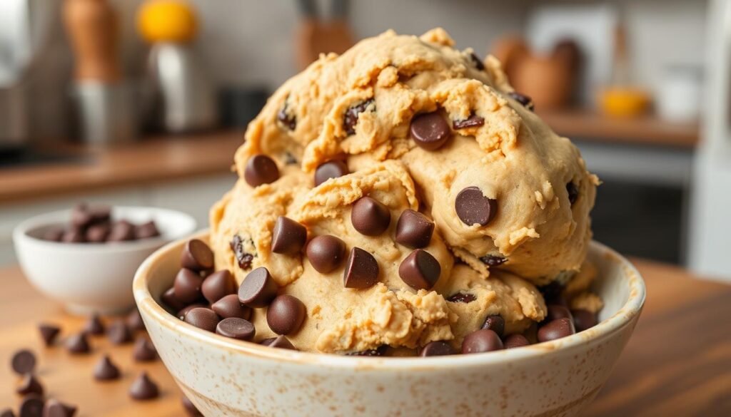 Generate an image of a bowl of protein cookie dough with chocolate chips. Generate an image of a bowl of protein cookie dough with chocolate chips.