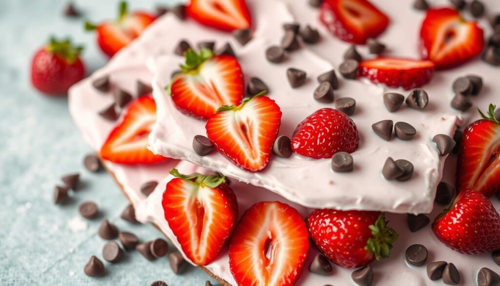 Generate an image of a colorful strawberry-chocolate Greek yogurt bark, with fresh strawberries and chocolate chips studded in frozen yogurt.