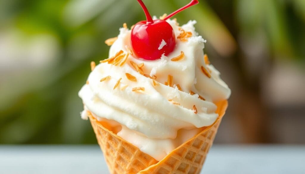 Generate an image of a creamy coconut milk ice cream in a cone Generate an image of a creamy coconut milk ice cream in a cone