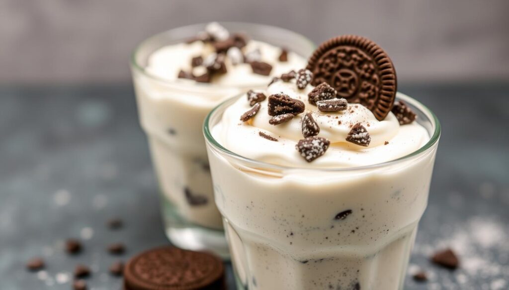 Generate an image of a delicious Protein Oreo Fluff dessert in a glass cup, topped with crushed Oreo thins and a sprinkle of protein powder. Generate an image of a delicious Protein Oreo Fluff dessert in a glass cup, topped with crushed Oreo thins and a sprinkle of protein powder.