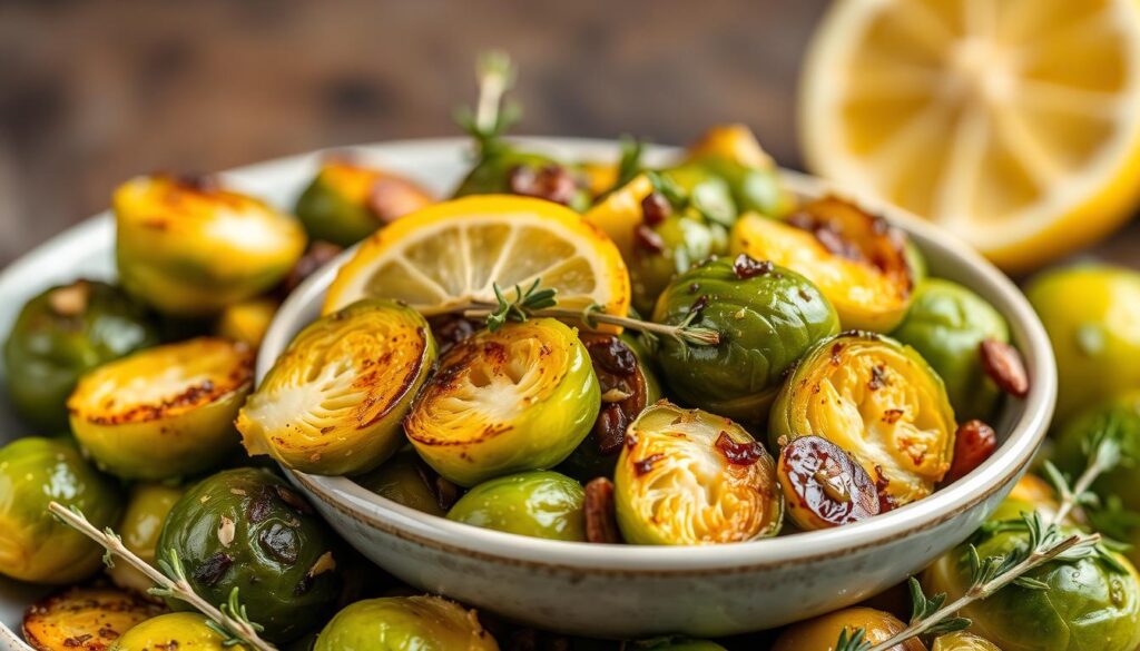 Generate an image of a delicious lemon thyme Brussels sprouts dish Generate an image of a delicious lemon thyme Brussels sprouts dish