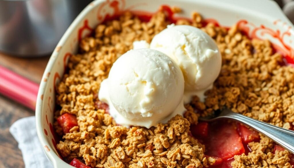 Generate an image of a gluten-free rhubarb crisp in a baking dish, topped with a crunchy oat mixture and served with a scoop of vanilla ice cream. Generate an image of a gluten-free rhubarb crisp in a baking dish, topped with a crunchy oat mixture and served with a scoop of vanilla ice cream.