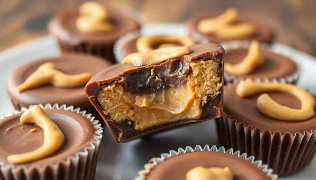 Generate an image of peanut butter protein cups with a bite taken out, showing the creamy peanut butter and chocolate layers. Generate an image of peanut butter protein cups with a bite taken out, showing the creamy peanut butter and chocolate layers.