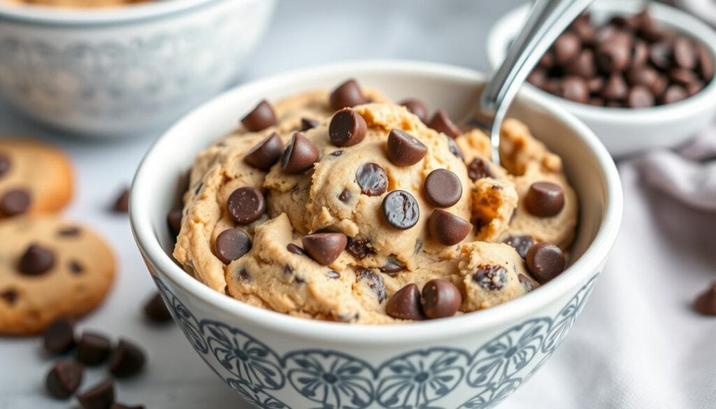 Generate an image of vegan edible cookie dough with chocolate chips and a crunchy texture. Generate an image of vegan edible cookie dough with chocolate chips and a crunchy texture.