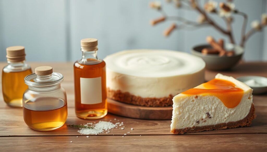 High-resolution image of cottage cheese cheesecake with various natural sweetener options neatly arranged on a wooden table, with soft warm lighting accentuating the textures and colors. An assortment of honey, maple syrup, stevia, and date paste are presented alongside the creamy cottage cheese cheesecake, showcasing the versatility of healthy sweetener alternatives for this delectable dessert. The scene conveys a cozy, inviting atmosphere, perfect for a recipe variation feature in a healthy cooking article.