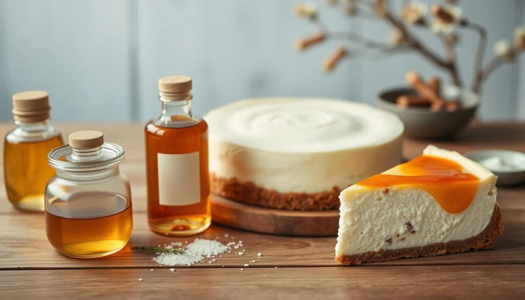 High-resolution image of cottage cheese cheesecake with various natural sweetener options neatly arranged on a wooden table, with soft warm lighting accentuating the textures and colors. An assortment of honey, maple syrup, stevia, and date paste are presented alongside the creamy cottage cheese cheesecake, showcasing the versatility of healthy sweetener alternatives for this delectable dessert. The scene conveys a cozy, inviting atmosphere, perfect for a recipe variation feature in a healthy cooking article.