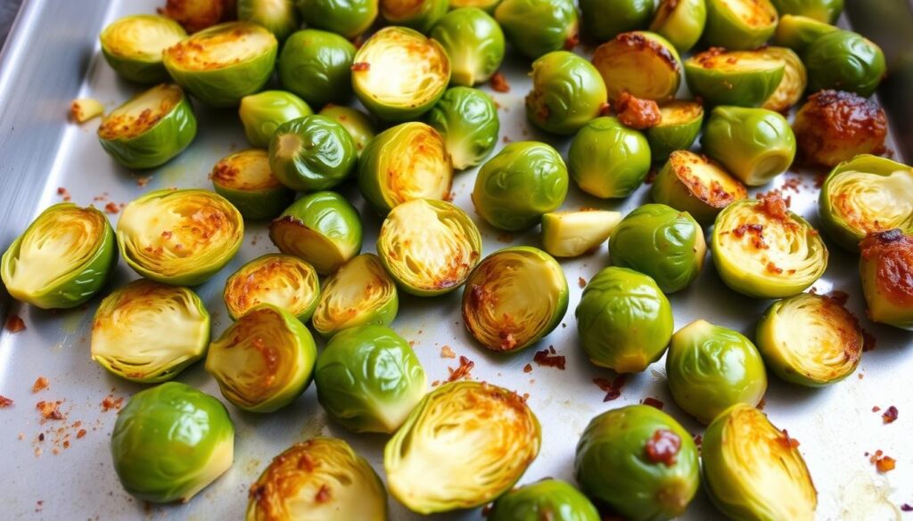 Image of a baking sheet with roasted Brussels sprouts Image of a baking sheet with roasted Brussels sprouts