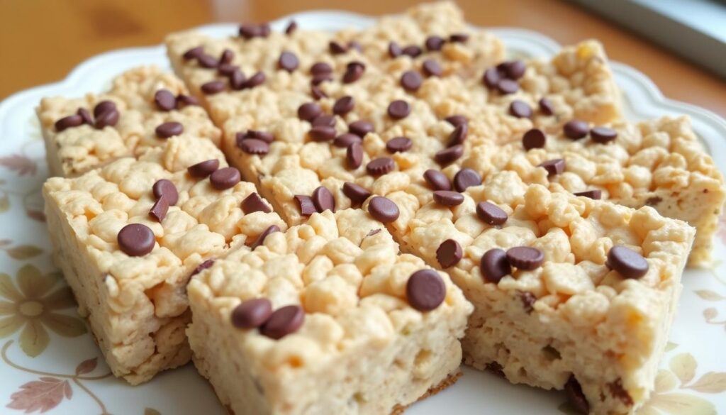 Image of a batch of Protein Rice Crispy Treats, cut into squares and stacked on a plate. Image of a batch of Protein Rice Crispy Treats, cut into squares and stacked on a plate.