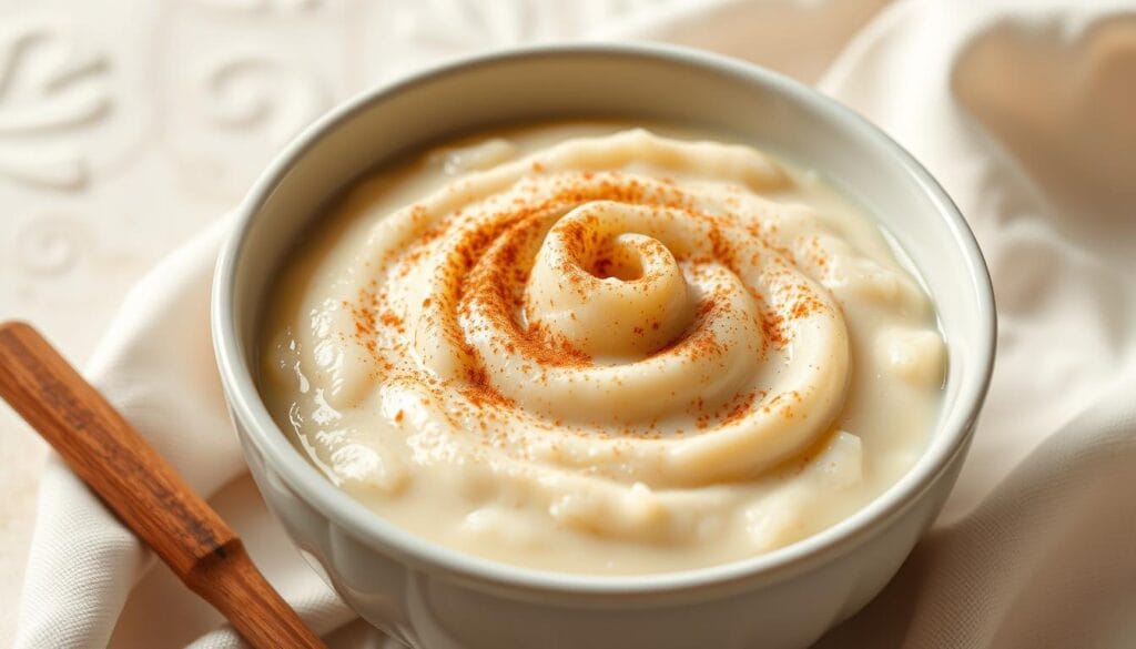 Image of a bowl of creamy rice pudding garnished with a sprinkle of cinnamon Image of a bowl of creamy rice pudding garnished with a sprinkle of cinnamon