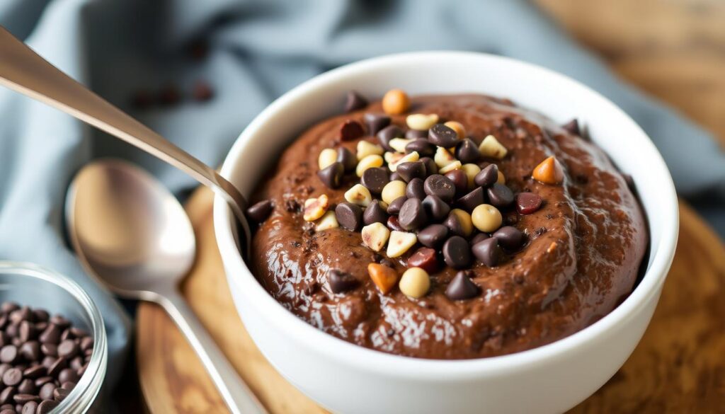Image of a bowl of edible chickpea brownie batter with a spoon, topped with chocolate chips and nuts. Image of a bowl of edible chickpea brownie batter with a spoon, topped with chocolate chips and nuts.
