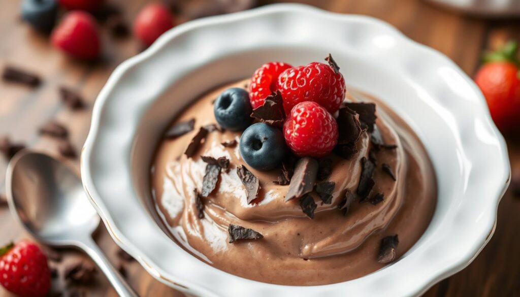 Image of a creamy chocolate cottage cheese pudding in a serving dish, topped with dark chocolate and berries. Image of a creamy chocolate cottage cheese pudding in a serving dish, topped with dark chocolate and berries.