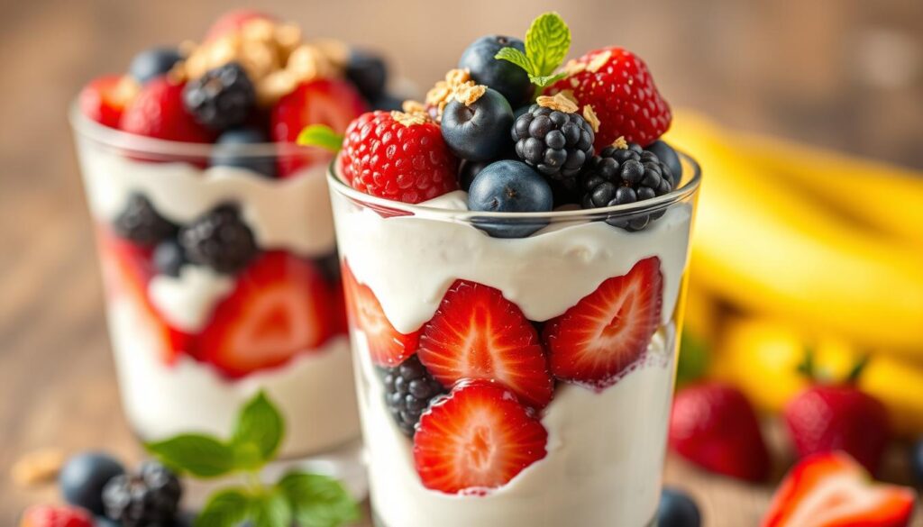 Image of a layered Greek Yogurt Berry Parfait in a tall glass or parfait dish, with visible layers of yogurt, mixed berries, and a sprinkle of granola on top. Image of a layered Greek Yogurt Berry Parfait in a tall glass or parfait dish, with visible layers of yogurt, mixed berries, and a sprinkle of granola on top.