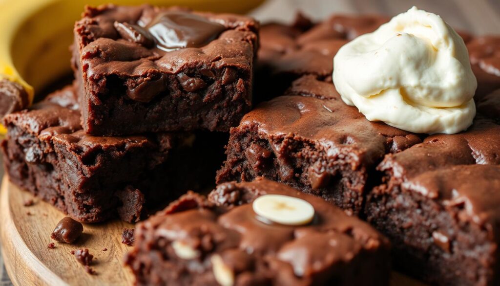 Image of fudgy protein brownies with a gooey texture, made with bananas, cocoa powder, almond butter, and protein powder. Image of fudgy protein brownies with a gooey texture, made with bananas, cocoa powder, almond butter, and protein powder.