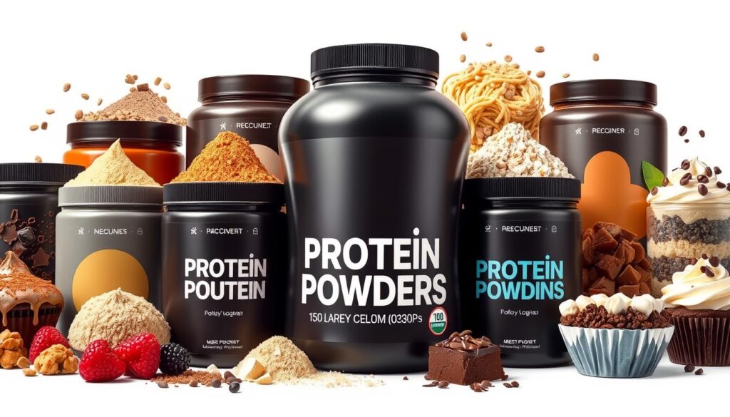 Image of various protein powders used in dessert recipes Image of various protein powders used in dessert recipes