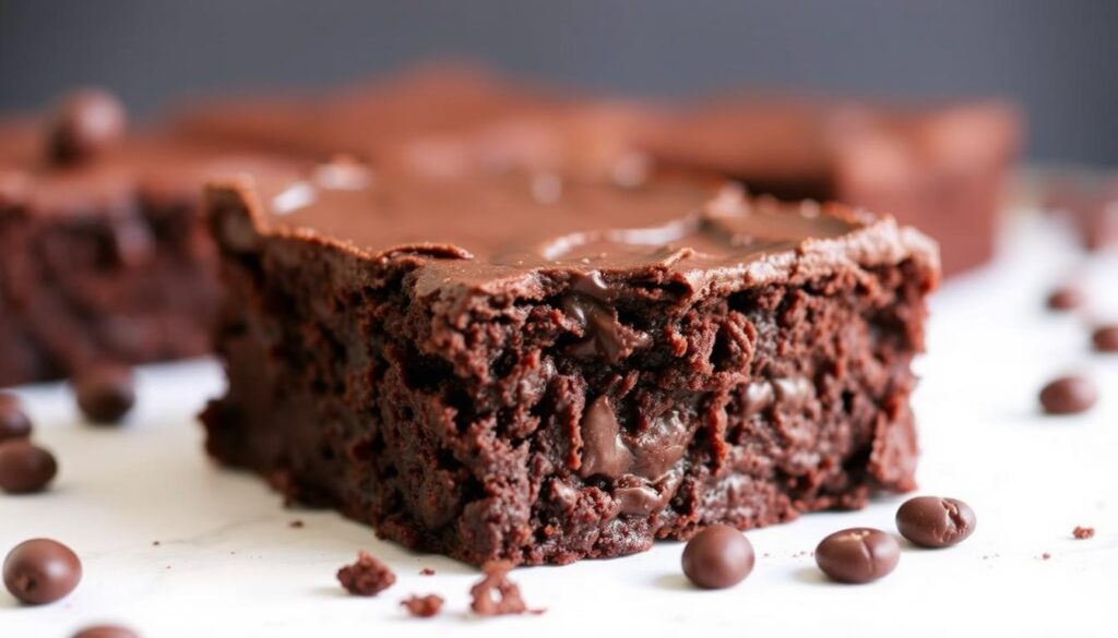 Imagine a rich, velvety chocolate brownie made with black beans. Create an image of a decadent, sugar-free chocolate dessert.