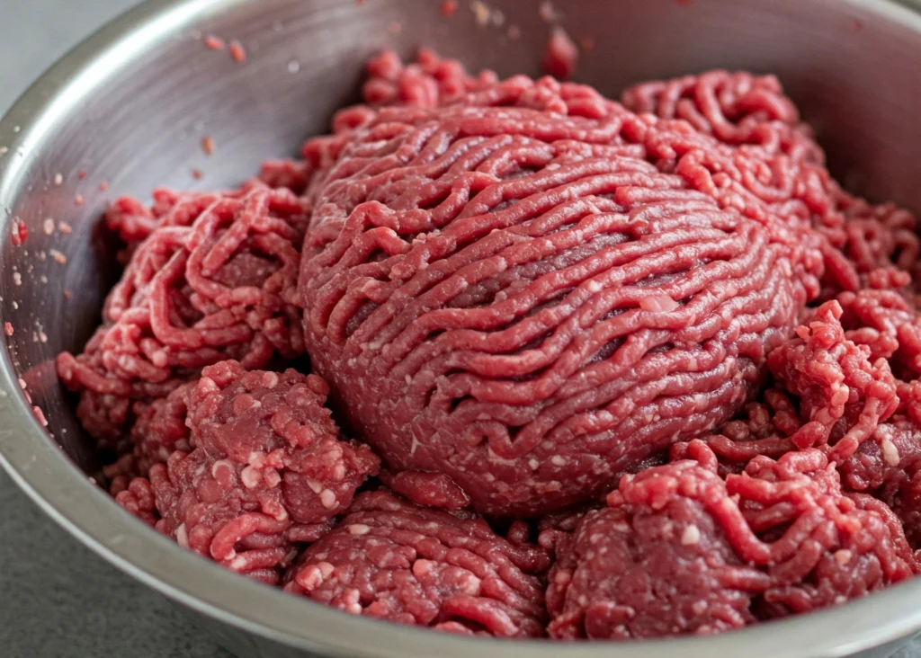 A close-up shot of a freshly ground venison burger blend, artfully arranged on a wooden cutting board. The rich, dark-red meat is coarsely ground, with visible flecks of fat and sinew, showcasing its natural texture and flavor. The blend is lightly seasoned with a blend of earthy spices, creating a savory aroma. The lighting is soft and natural, casting gentle shadows that accentuate the blend's unique qualities. The image conveys a sense of rustic elegance, perfectly capturing the essence of creating the perfect venison burger at home. Venison minced meat