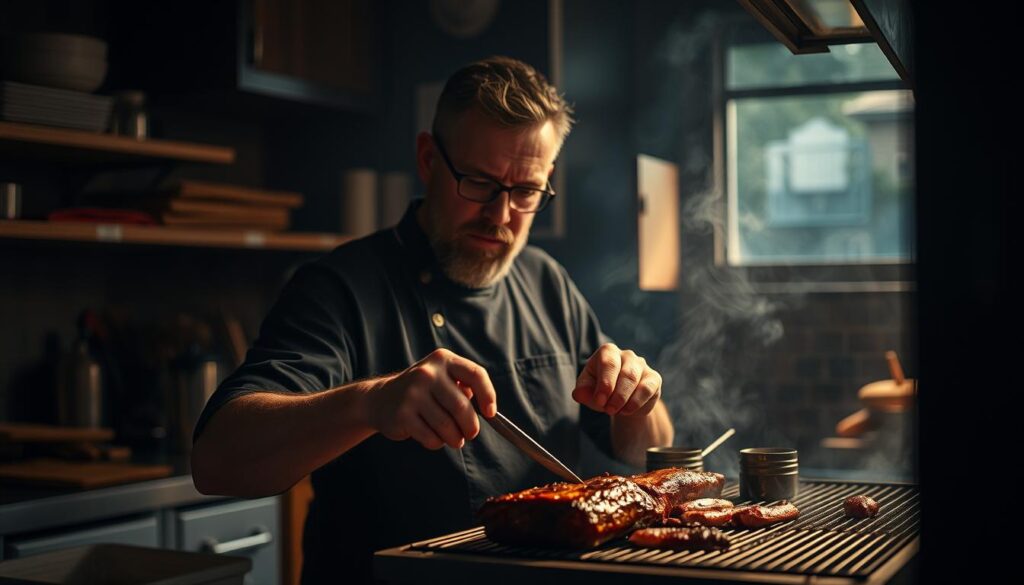 a highly detailed, realistic photograph of a professional smoker demonstrating common smoking techniques, shot with a high-quality DSLR camera using a 50mm lens, in a dimly lit kitchen with warm lighting highlighting the subject's hands and face, creating a moody, atmospheric scene that captures the technical expertise and artistry of the smoking process, with a focus on the smoker's meticulous techniques, the various tools and equipment used, and the delicate care and attention to detail required to achieve the perfect smoked flavor, showcasing the common mistakes to avoid when smoking food a highly detailed, realistic photograph of a professional smoker demonstrating common smoking techniques, shot with a high-quality DSLR camera using a 50mm lens, in a dimly lit kitchen with warm lighting highlighting the subject's hands and face, creating a moody, atmospheric scene that captures the technical expertise and artistry of the smoking process, with a focus on the smoker's meticulous techniques, the various tools and equipment used, and the delicate care and attention to detail required to achieve the perfect smoked flavor, showcasing the common mistakes to avoid when smoking food
