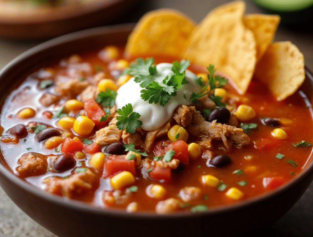 Steaming bowl of taco soup, brimming with hearty chunks of tender chicken, diced tomatoes, kidney beans, and fragrant spices. Garnished with a dollop of creamy sour cream, crisp tortilla chips, and fresh cilantro sprigs. Warm lighting casts a cozy glow, highlighting the rich, vibrant colors. The soup's savory aroma fills the air, inviting the viewer to dive in and savor the comforting flavors. Depth of field blurs the background, keeping the focus on the star of the dish - the perfectly balanced taco soup. chicken taco soup