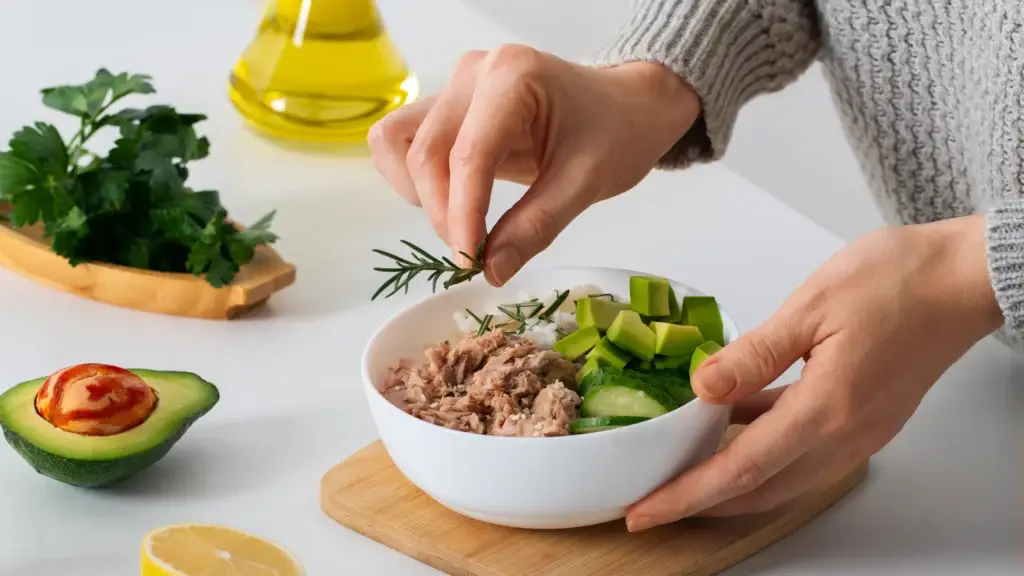 A neatly arranged tuna salad meal prep platter featuring a generous portion of creamy tuna salad with chunks of avocado, fresh herbs, and a light garnish of lemon wedges. The platter is set against a clean, minimalist background, bathed in soft, natural lighting that casts gentle shadows, emphasizing the textures and colors of the ingredients. The tuna salad is presented in a stylish, white ceramic dish, surrounded by carefully placed sprigs of dill, parsley, and chives, adding a vibrant, herbal aroma to the scene. The avocado slices are artfully arranged, their rich, green hues complementing the white tuna salad. The lemon wedges provide a pop of citrus, hinting at the tangy, refreshing flavors of the dish. The overall composition is balanced, inviting, and captures the essence of a delicious, nourishing tuna salad meal prep. tuna salad recipe 05