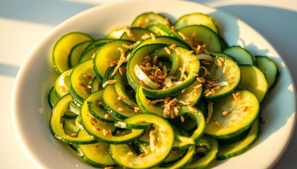 A beautifully plated Asian cucumber salad, with thin slices of crisp, green cucumbers arranged in an elegant spiral. The cucumbers are drizzled with a vibrant, tangy dressing made from rice vinegar, sesame oil, and a hint of soy sauce. Sprinkled throughout are toasted sesame seeds and thinly sliced scallions, adding texture and a subtle onion flavor. The salad is lit from the side, creating warm, golden highlights that accentuate the freshness of the ingredients. The overall mood is light, refreshing, and appetizing, perfectly capturing the essence of this easy, flavorful recipe. A beautifully plated Asian cucumber salad, with thin slices of crisp, green cucumbers arranged in an elegant spiral. The cucumbers are drizzled with a vibrant, tangy dressing made from rice vinegar, sesame oil, and a hint of soy sauce. Sprinkled throughout are toasted sesame seeds and thinly sliced scallions, adding texture and a subtle onion flavor. The salad is lit from the side, creating warm, golden highlights that accentuate the freshness of the ingredients. The overall mood is light, refreshing, and appetizing, perfectly capturing the essence of this easy, flavorful recipe.