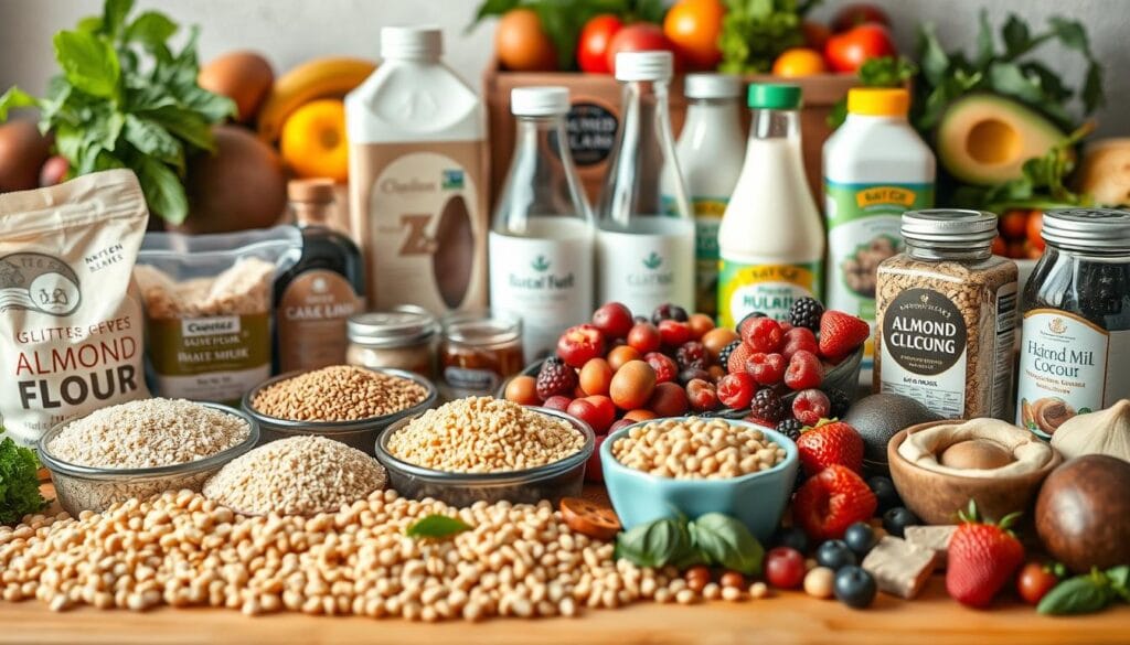 A bountiful assortment of gluten-free and dairy-free pantry staples arranged in an appetizing still life. In the foreground, an array of various flours, grains, and legumes such as almond flour, brown rice flour, quinoa, and chickpeas. In the middle ground, a selection of plant-based milk alternatives like almond milk and coconut milk, alongside cooking oils, vinegars, and spices. In the background, a mix of colorful fruits and vegetables like avocados, berries, and leafy greens, creating a vibrant and wholesome atmosphere. The lighting is soft and natural, accentuating the textures and hues of the ingredients. Captured with a shallow depth of field, drawing the viewer's attention to the essential elements of a well-stocked gluten-free, dairy-free pantry. A bountiful assortment of gluten-free and dairy-free pantry staples arranged in an appetizing still life. In the foreground, an array of various flours, grains, and legumes such as almond flour, brown rice flour, quinoa, and chickpeas. In the middle ground, a selection of plant-based milk alternatives like almond milk and coconut milk, alongside cooking oils, vinegars, and spices. In the background, a mix of colorful fruits and vegetables like avocados, berries, and leafy greens, creating a vibrant and wholesome atmosphere. The lighting is soft and natural, accentuating the textures and hues of the ingredients. Captured with a shallow depth of field, drawing the viewer's attention to the essential elements of a well-stocked gluten-free, dairy-free pantry.