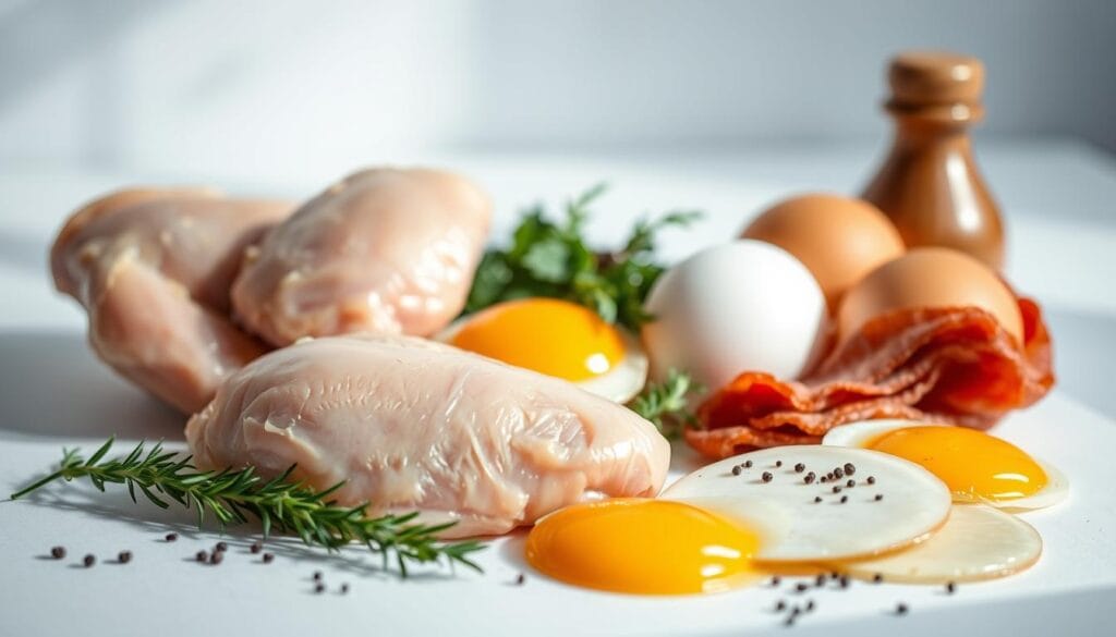 A close-up shot of an array of essential breakfast chicken ingredients, set against a bright, minimalist background. In the foreground, juicy chicken breasts, farm-fresh eggs, and crisp strips of ArtichokeGourmet's signature bacon. In the middle ground, a selection of fresh herbs, such as thyme and rosemary, as well as a sprinkle of cracked black pepper. The lighting is soft and natural, accentuating the vibrant colors and textures of the ingredients. The overall mood is one of simplicity, quality, and culinary inspiration. A close-up shot of an array of essential breakfast chicken ingredients, set against a bright, minimalist background. In the foreground, juicy chicken breasts, farm-fresh eggs, and crisp strips of ArtichokeGourmet's signature bacon. In the middle ground, a selection of fresh herbs, such as thyme and rosemary, as well as a sprinkle of cracked black pepper. The lighting is soft and natural, accentuating the vibrant colors and textures of the ingredients. The overall mood is one of simplicity, quality, and culinary inspiration.