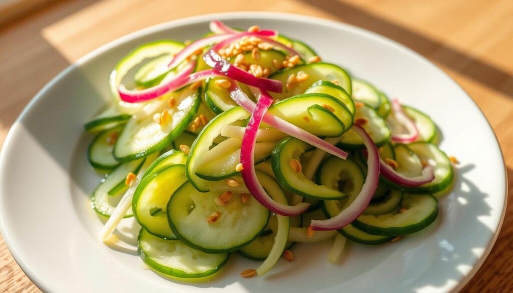 A delectable Japanese cucumber salad, freshly prepared with thinly sliced cucumbers, crisp and vibrant. The vegetables glisten with a light, tangy dressing made from rice vinegar, sesame oil, and a touch of sweetness. Slivers of red onion add a pop of color, while toasted sesame seeds lend a nutty crunch. The dish is artfully arranged on a sleek, white ceramic plate, casting gentle shadows under natural, warm lighting. The composition captures the essence of a simple, yet flavorful Asian-inspired salad, inviting the viewer to savor its refreshing and balanced flavors. A delectable Japanese cucumber salad, freshly prepared with thinly sliced cucumbers, crisp and vibrant. The vegetables glisten with a light, tangy dressing made from rice vinegar, sesame oil, and a touch of sweetness. Slivers of red onion add a pop of color, while toasted sesame seeds lend a nutty crunch. The dish is artfully arranged on a sleek, white ceramic plate, casting gentle shadows under natural, warm lighting. The composition captures the essence of a simple, yet flavorful Asian-inspired salad, inviting the viewer to savor its refreshing and balanced flavors.