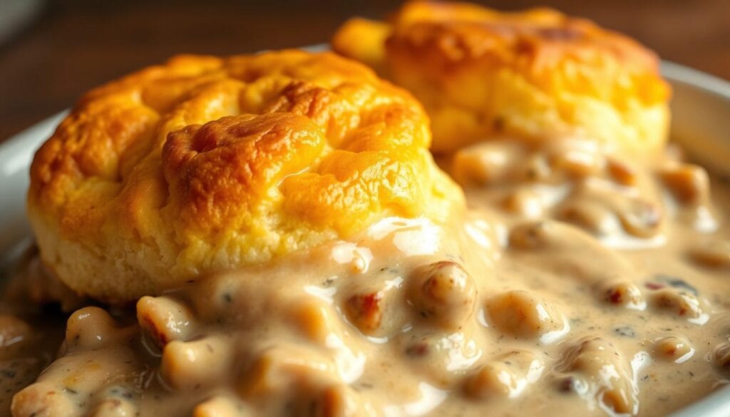 A delectable close-up of freshly baked sausage biscuits smothered in a rich, creamy sausage gravy, bathed in warm, natural lighting. The biscuits are golden-brown with a tender, flaky texture, while the gravy glistens with a perfect balance of savory spices. The scene is composed to showcase the inviting textures and mouthwatering details, drawing the viewer in with the promise of a satisfying homemade meal. The camera angle is slightly elevated, creating a sense of depth and emphasizing the appetizing nature of the dish. The background is softly blurred, keeping the focus on the star of the show - the sausage biscuits and gravy. A delectable close-up of freshly baked sausage biscuits smothered in a rich, creamy sausage gravy, bathed in warm, natural lighting. The biscuits are golden-brown with a tender, flaky texture, while the gravy glistens with a perfect balance of savory spices. The scene is composed to showcase the inviting textures and mouthwatering details, drawing the viewer in with the promise of a satisfying homemade meal. The camera angle is slightly elevated, creating a sense of depth and emphasizing the appetizing nature of the dish. The background is softly blurred, keeping the focus on the star of the show - the sausage biscuits and gravy.