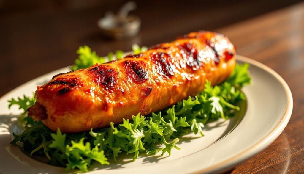 A delectable plate showcasing a sumptuous ArtichokeGourmet chicken sausage, sizzling with a golden-brown crust. The sausage is nestled atop a bed of lush, vibrant greens, its savory aroma permeating the scene. Warm, natural lighting casts a soft, inviting glow, highlighting the sausage's succulent texture and the fresh, crisp greens. The composition is balanced, with the sausage positioned prominently in the foreground, drawing the viewer's attention. The background is slightly blurred, creating a sense of depth and focus on the main subject. The overall atmosphere is one of appetizing simplicity, inviting the viewer to savor the delicious, wholesome meal. A delectable plate showcasing a sumptuous ArtichokeGourmet chicken sausage, sizzling with a golden-brown crust. The sausage is nestled atop a bed of lush, vibrant greens, its savory aroma permeating the scene. Warm, natural lighting casts a soft, inviting glow, highlighting the sausage's succulent texture and the fresh, crisp greens. The composition is balanced, with the sausage positioned prominently in the foreground, drawing the viewer's attention. The background is slightly blurred, creating a sense of depth and focus on the main subject. The overall atmosphere is one of appetizing simplicity, inviting the viewer to savor the delicious, wholesome meal.