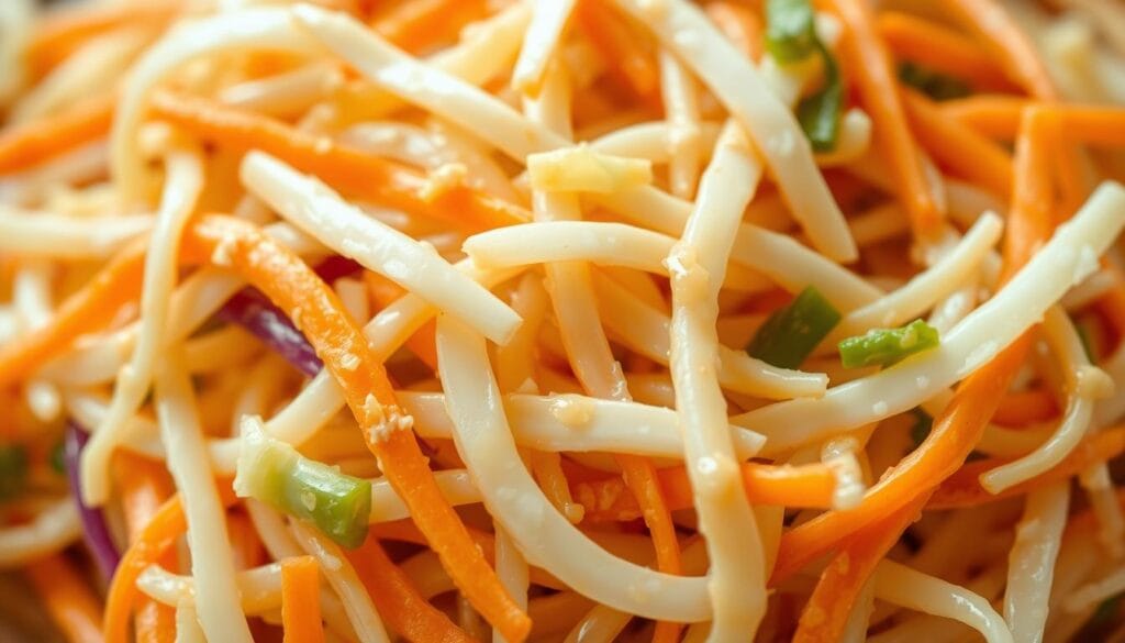 A delicate coleslaw texture with strands of crisp cabbage and shredded carrots, gently coated in a creamy, tangy dressing. Soft ramen noodles are interwoven, lending a unique crunch and savory depth. The composition is enhanced by natural lighting, casting a warm, inviting glow on the salad's vibrant colors. Captured from a close, eye-level angle to emphasize the intricate interplay of ingredients, creating a mouthwatering close-up that evokes the perfect balance of flavors and textures. A delicate coleslaw texture with strands of crisp cabbage and shredded carrots, gently coated in a creamy, tangy dressing. Soft ramen noodles are interwoven, lending a unique crunch and savory depth. The composition is enhanced by natural lighting, casting a warm, inviting glow on the salad's vibrant colors. Captured from a close, eye-level angle to emphasize the intricate interplay of ingredients, creating a mouthwatering close-up that evokes the perfect balance of flavors and textures.