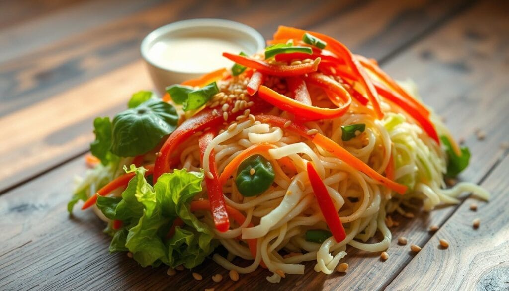 A delightful and vibrant ramen cabbage salad, artfully arranged on a rustic wooden table. In the foreground, crisp shredded cabbage nestles tender ramen noodles, accented by vibrant red and green bell peppers, julienned carrots, and a scattering of toasted sesame seeds. The middle ground features a small bowl of creamy, flavorful dressing, inviting the viewer to imagine the satisfying crunch and tangy zip of this nutritious yet indulgent dish. Soft, natural lighting casts a warm glow, highlighting the fresh, healthy ingredients and creating an inviting, appetizing atmosphere. A delightful and vibrant ramen cabbage salad, artfully arranged on a rustic wooden table. In the foreground, crisp shredded cabbage nestles tender ramen noodles, accented by vibrant red and green bell peppers, julienned carrots, and a scattering of toasted sesame seeds. The middle ground features a small bowl of creamy, flavorful dressing, inviting the viewer to imagine the satisfying crunch and tangy zip of this nutritious yet indulgent dish. Soft, natural lighting casts a warm glow, highlighting the fresh, healthy ingredients and creating an inviting, appetizing atmosphere.