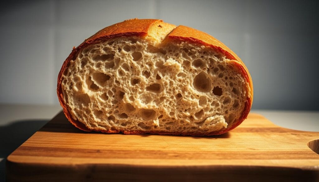 A freshly baked sourdough loaf, its golden-brown crust glistening under warm studio lighting. The interior crumb is airy and dotted with irregular holes, revealing the telltale signs of a well-fermented dough. The bread rests on a rustic wooden board, casting a soft shadow across the surface. In the background, a simple, minimalist kitchen backdrop allows the focal point to remain on the loaf's enticing texture and form. The overall scene exudes a sense of homely comfort and artisanal craftsmanship, perfectly capturing the essence of storing and freezing this beloved sourdough bread. A freshly baked sourdough loaf, its golden-brown crust glistening under warm studio lighting. The interior crumb is airy and dotted with irregular holes, revealing the telltale signs of a well-fermented dough. The bread rests on a rustic wooden board, casting a soft shadow across the surface. In the background, a simple, minimalist kitchen backdrop allows the focal point to remain on the loaf's enticing texture and form. The overall scene exudes a sense of homely comfort and artisanal craftsmanship, perfectly capturing the essence of storing and freezing this beloved sourdough bread.