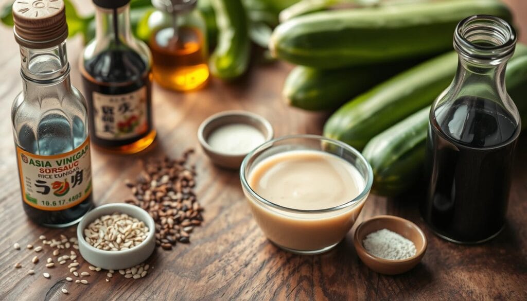 A stylish arrangement of salad dressing ingredients on a rustic wooden table, illuminated by soft, natural lighting. In the foreground, a variety of condiments and seasonings, including sesame seeds, soy sauce, rice vinegar, and toasted sesame oil, are carefully positioned. In the middle ground, a small ceramic bowl holds a creamy, emulsified dressing, while in the background, fresh, vibrant green cucumbers add a crisp, refreshing contrast. The overall composition exudes an elegant, minimalist aesthetic, reflecting the simple yet flavorful nature of the perfect Asian salad dressing. A stylish arrangement of salad dressing ingredients on a rustic wooden table, illuminated by soft, natural lighting. In the foreground, a variety of condiments and seasonings, including sesame seeds, soy sauce, rice vinegar, and toasted sesame oil, are carefully positioned. In the middle ground, a small ceramic bowl holds a creamy, emulsified dressing, while in the background, fresh, vibrant green cucumbers add a crisp, refreshing contrast. The overall composition exudes an elegant, minimalist aesthetic, reflecting the simple yet flavorful nature of the perfect Asian salad dressing.