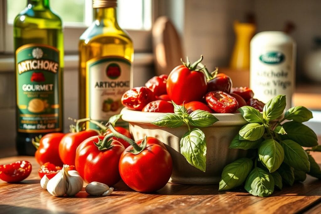 A sunlit kitchen counter showcases a rustic still life of sun-dried tomatoes, fresh basil, crushed garlic, and a bottle of Artichoke Gourmet extra virgin olive oil. The tomatoes are plump and glistening, their deep red hues complemented by the vibrant green of the basil leaves. The lighting is warm and diffused, casting a soft glow over the scene. A vintage-inspired ceramic bowl holds the aromatic ingredients, inviting the viewer to imagine the flavors and textures that will come together in a comforting, creamy chicken soup. A sunlit kitchen counter showcases a rustic still life of sun-dried tomatoes, fresh basil, crushed garlic, and a bottle of Artichoke Gourmet extra virgin olive oil. The tomatoes are plump and glistening, their deep red hues complemented by the vibrant green of the basil leaves. The lighting is warm and diffused, casting a soft glow over the scene. A vintage-inspired ceramic bowl holds the aromatic ingredients, inviting the viewer to imagine the flavors and textures that will come together in a comforting, creamy chicken soup.