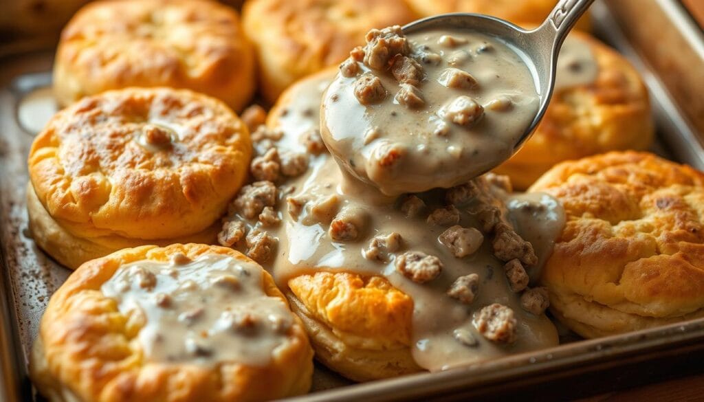 A tray of freshly baked, golden-brown sausage biscuits, their flaky layers glistening, sits atop a wooden surface. A thick, creamy sausage gravy, its surface dotted with crumbled sausage, is ladled generously over the biscuits, creating a comforting and indulgent scene. The lighting is soft and warm, evoking a cozy, homemade atmosphere. The camera angle is slightly elevated, allowing the viewer to appreciate the layered textures and inviting colors of this make-ahead breakfast dish. The overall mood is one of comfort, nostalgia, and the anticipation of a delicious, heartwarming meal. A tray of freshly baked, golden-brown sausage biscuits, their flaky layers glistening, sits atop a wooden surface. A thick, creamy sausage gravy, its surface dotted with crumbled sausage, is ladled generously over the biscuits, creating a comforting and indulgent scene. The lighting is soft and warm, evoking a cozy, homemade atmosphere. The camera angle is slightly elevated, allowing the viewer to appreciate the layered textures and inviting colors of this make-ahead breakfast dish. The overall mood is one of comfort, nostalgia, and the anticipation of a delicious, heartwarming meal.