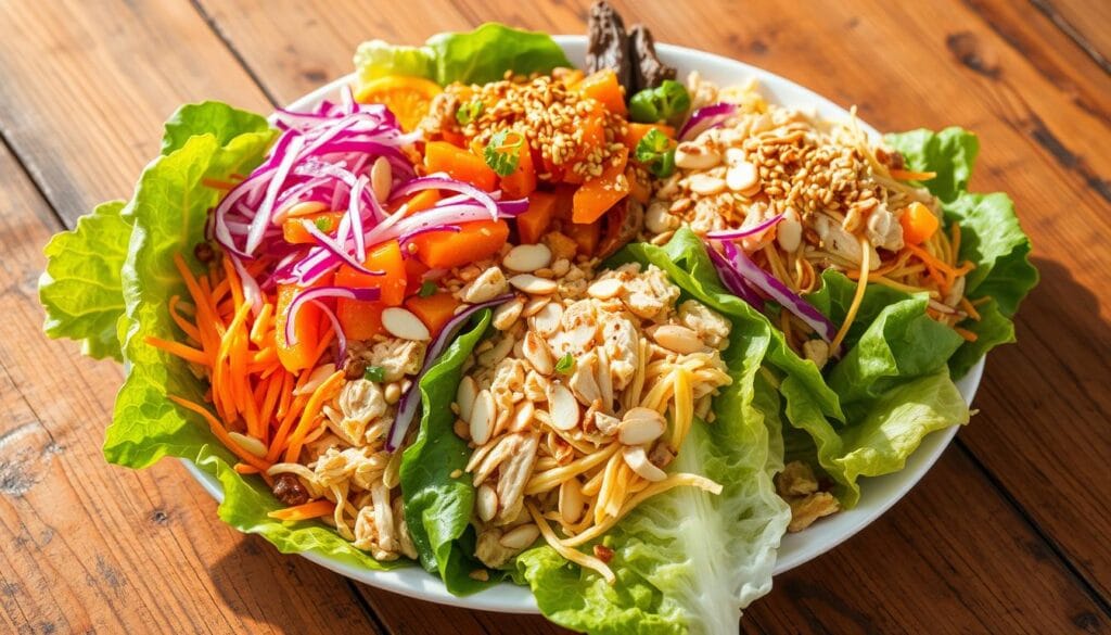 A visually stunning arrangement of colorful Asian chicken salad variations, artfully presented on a rustic wooden table. The salad features tender shredded chicken, crisp romaine lettuce, crunchy ramen noodles, slivered almonds, and a vibrant assortment of toppings such as shredded carrots, sliced red cabbage, mandarin orange segments, and toasted sesame seeds. The scene is bathed in warm, natural lighting, casting a soft glow and highlighting the textures and vibrant hues of the ingredients. The composition is carefully balanced, with the salad components arranged in an aesthetically pleasing manner, inviting the viewer to savor the delicious and versatile nature of this Asian-inspired dish. A visually stunning arrangement of colorful Asian chicken salad variations, artfully presented on a rustic wooden table. The salad features tender shredded chicken, crisp romaine lettuce, crunchy ramen noodles, slivered almonds, and a vibrant assortment of toppings such as shredded carrots, sliced red cabbage, mandarin orange segments, and toasted sesame seeds. The scene is bathed in warm, natural lighting, casting a soft glow and highlighting the textures and vibrant hues of the ingredients. The composition is carefully balanced, with the salad components arranged in an aesthetically pleasing manner, inviting the viewer to savor the delicious and versatile nature of this Asian-inspired dish.