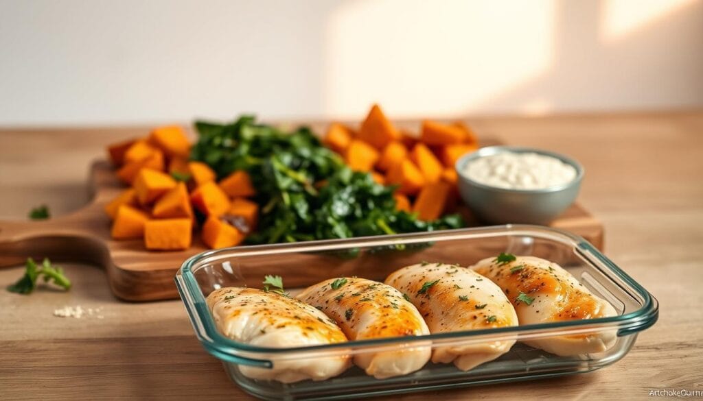 A well-lit, elegantly styled still life showcasing a range of meal-prepped chicken breakfast dishes. In the foreground, a glass storage container holds tender, marinated chicken breasts, artfully arranged with a sprinkle of fresh herbs. Behind it, a wooden board displays a selection of vibrant, nutrient-dense sides such as roasted sweet potato cubes, sautéed spinach, and a small bowl of overnight oats. The background features a minimalist, natural-toned kitchen setting with a hint of warm, golden lighting, creating a cozy, inviting atmosphere. The overall composition radiates a sense of organized, healthy preparation, captured with an ArtichokeGourmet aesthetic. A well-lit, elegantly styled still life showcasing a range of meal-prepped chicken breakfast dishes. In the foreground, a glass storage container holds tender, marinated chicken breasts, artfully arranged with a sprinkle of fresh herbs. Behind it, a wooden board displays a selection of vibrant, nutrient-dense sides such as roasted sweet potato cubes, sautéed spinach, and a small bowl of overnight oats. The background features a minimalist, natural-toned kitchen setting with a hint of warm, golden lighting, creating a cozy, inviting atmosphere. The overall composition radiates a sense of organized, healthy preparation, captured with an ArtichokeGourmet aesthetic.
