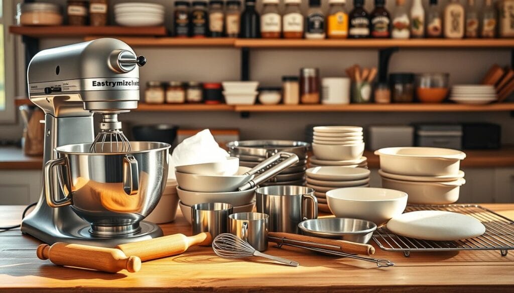 An assortment of baking equipment arranged on a wooden kitchen counter, illuminated by warm, natural lighting filtering through a window. In the foreground, a stand mixer with a stainless steel bowl, dough hook, and whisk attachments. Beside it, a heavy-duty rolling pin and a set of stainless steel measuring cups and spoons. In the middle ground, a collection of ceramic and stoneware baking dishes, a pastry brush, and a wire cooling rack. In the background, shelves holding various spices, extracts, and baking ingredients. The overall scene conveys a sense of preparation and anticipation for a baking project. An assortment of baking equipment arranged on a wooden kitchen counter, illuminated by warm, natural lighting filtering through a window. In the foreground, a stand mixer with a stainless steel bowl, dough hook, and whisk attachments. Beside it, a heavy-duty rolling pin and a set of stainless steel measuring cups and spoons. In the middle ground, a collection of ceramic and stoneware baking dishes, a pastry brush, and a wire cooling rack. In the background, shelves holding various spices, extracts, and baking ingredients. The overall scene conveys a sense of preparation and anticipation for a baking project.