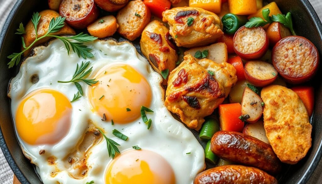 Create an image of a delicious chicken breakfast skillet with eggs, sausage, and vegetables. Create an image of a delicious chicken breakfast skillet with eggs, sausage, and vegetables.