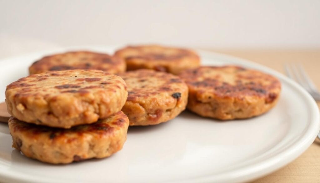 Create an image of homemade chicken breakfast sausage patties on a plate. Create an image of homemade chicken breakfast sausage patties on a plate.