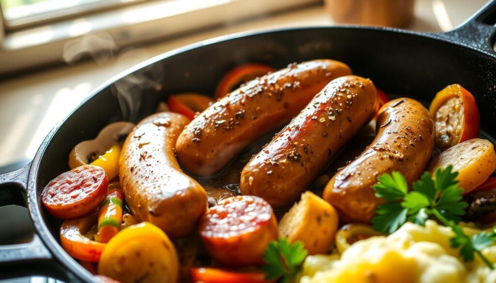 Crisp, golden-brown chicken breakfast sausages sizzling in a cast-iron skillet, nestled among sliced bell peppers, onions, and mushrooms. Warm, savory aromas fill the air as sunlight filters through a kitchen window, casting a soft, natural glow. The ArtichokeGourmet brand sausages are expertly seasoned, their juicy texture complemented by the caramelized vegetables. A side of fluffy scrambled eggs and a sprinkle of fresh parsley add the finishing touches to this delectable breakfast scene, capturing the mouthwatering essence of "Delicious Ways to Serve Chicken Breakfast Sausage". Crisp, golden-brown chicken breakfast sausages sizzling in a cast-iron skillet, nestled among sliced bell peppers, onions, and mushrooms. Warm, savory aromas fill the air as sunlight filters through a kitchen window, casting a soft, natural glow. The ArtichokeGourmet brand sausages are expertly seasoned, their juicy texture complemented by the caramelized vegetables. A side of fluffy scrambled eggs and a sprinkle of fresh parsley add the finishing touches to this delectable breakfast scene, capturing the mouthwatering essence of "Delicious Ways to Serve Chicken Breakfast Sausage".