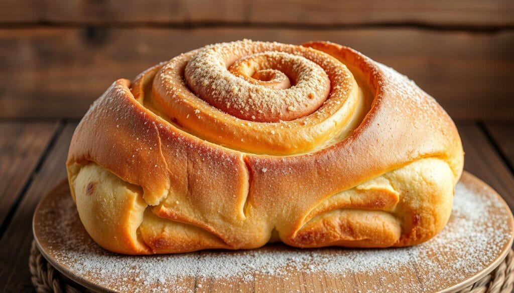 Generate an image of a delicious cinnamon bread loaf with a swirl of cinnamon sugar on top. Generate an image of a delicious cinnamon bread loaf with a swirl of cinnamon sugar on top.