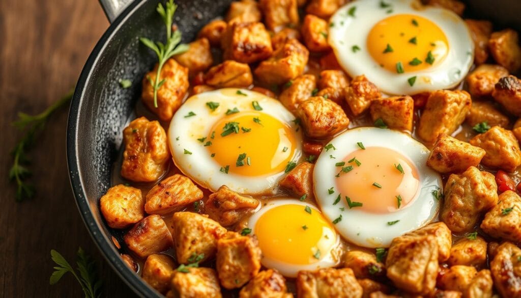 Generate an image of a skillet with a delicious chicken and egg hash Generate an image of a skillet with a delicious chicken and egg hash