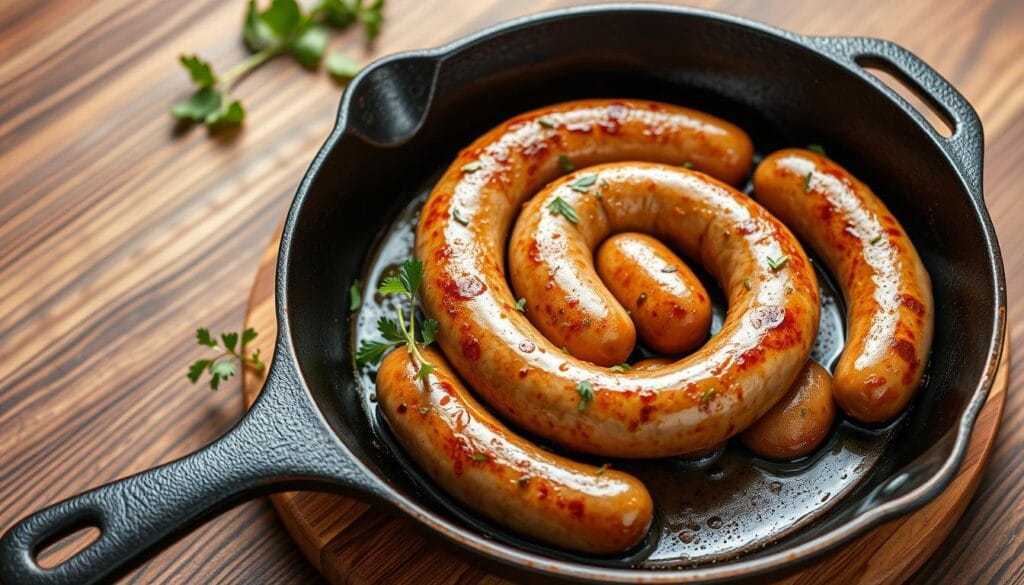 Generate an image of a skillet with browning sausage. Generate an image of a skillet with browning sausage.