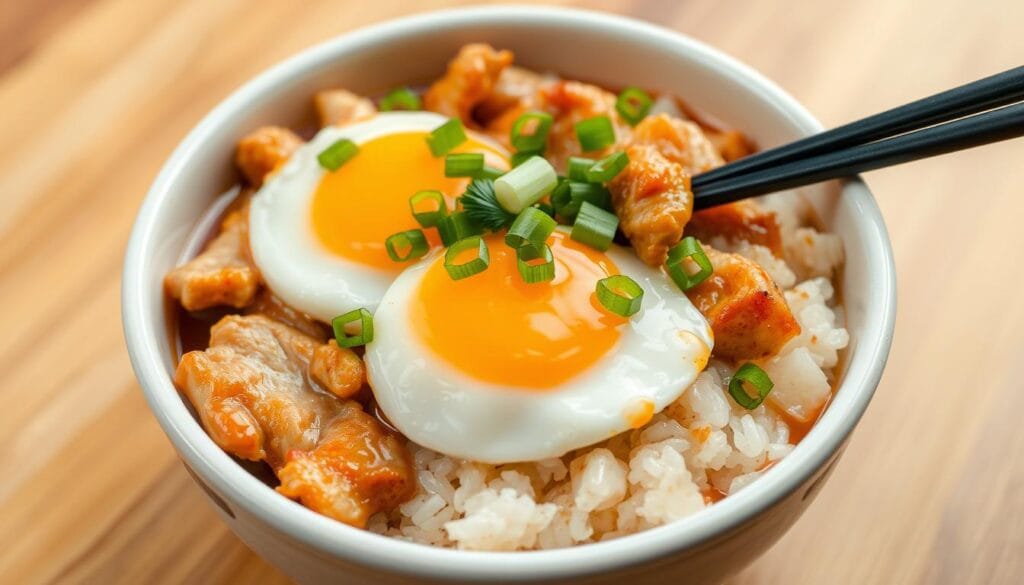 Generate an image of a steaming hot Oyakodon bowl with tender chicken and soft eggs on a bed of rice. Generate an image of a steaming hot Oyakodon bowl with tender chicken and soft eggs on a bed of rice.