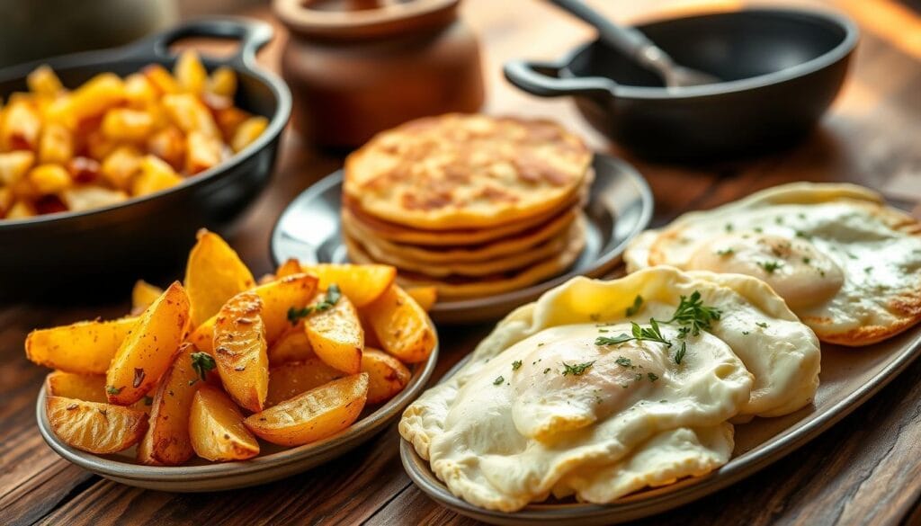 Hearty potato-based breakfast dishes, artfully arranged on a rustic wooden table. In the foreground, roasted potato wedges, golden-brown and crisp, paired with fluffy scrambled eggs. In the middle, a stack of potato pancakes, lightly fried and garnished with fresh herbs. In the background, a bowl of diced hash browns, sizzling in a cast-iron skillet under warm, natural lighting. The overall scene exudes a cozy, homemade atmosphere, perfect for a gluten-free, dairy-free breakfast. Hearty potato-based breakfast dishes, artfully arranged on a rustic wooden table. In the foreground, roasted potato wedges, golden-brown and crisp, paired with fluffy scrambled eggs. In the middle, a stack of potato pancakes, lightly fried and garnished with fresh herbs. In the background, a bowl of diced hash browns, sizzling in a cast-iron skillet under warm, natural lighting. The overall scene exudes a cozy, homemade atmosphere, perfect for a gluten-free, dairy-free breakfast.