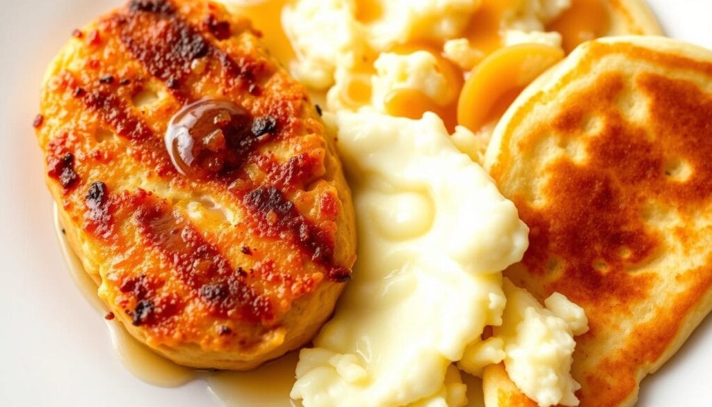 Image of a golden-brown maple chicken breakfast sausage patty served with eggs and pancakes. Image of a golden-brown maple chicken breakfast sausage patty served with eggs and pancakes.