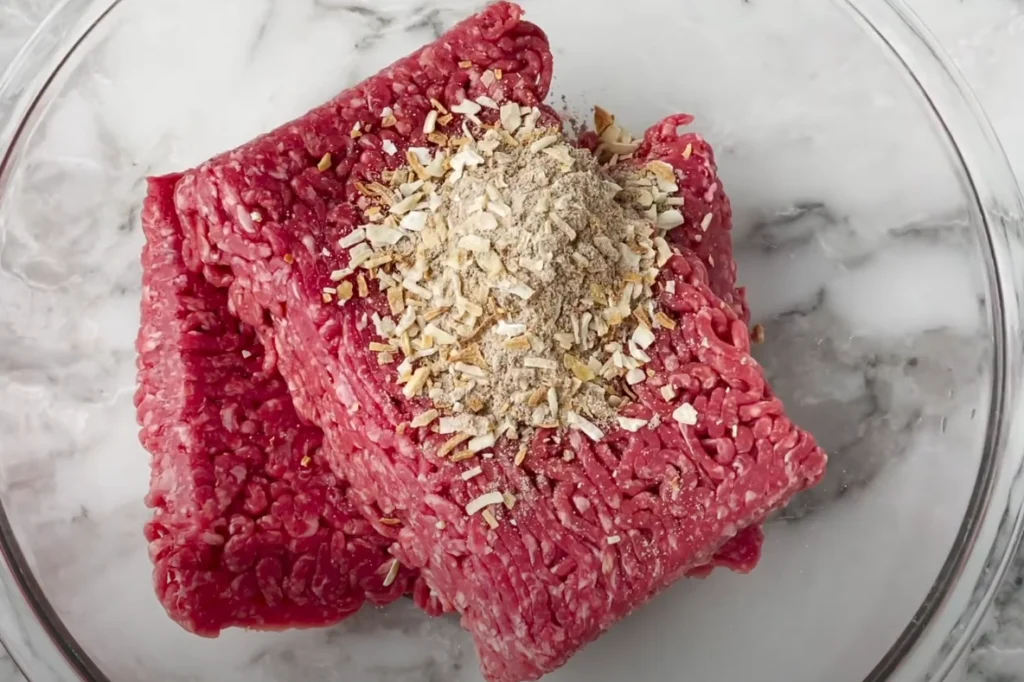 Lipton Onion Soup Meatloaf: Step-by-Step Preparation and Cooking Process. A well-lit kitchen counter showcases the preparation of an Artichoke Gourmet meatloaf. In the foreground, ground beef, breadcrumbs, and a can of Lipton Onion Soup mix are arranged neatly. In the middle ground, hands gently knead the mixture, shaping it into a loaf pan. The background features cooking utensils, spices, and a mixing bowl, conveying a cozy, homemade atmosphere. Warm, natural lighting illuminates the scene, highlighting the textures and colors of the ingredients. The overall mood is one of focus and care, as the meatloaf takes shape, ready to be baked to perfection.